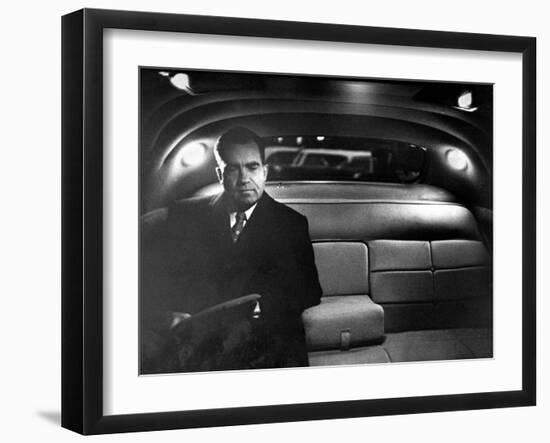 VP Richard Nixon Sitting Solemnly in Back Seat of Dimly Lit Limousine-Hank Walker-Framed Photographic Print