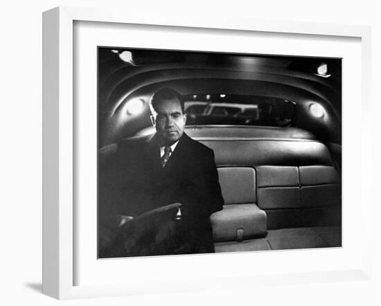 VP Richard Nixon Sitting Solemnly in Back Seat of Dimly Lit Limousine-Hank Walker-Framed Photographic Print