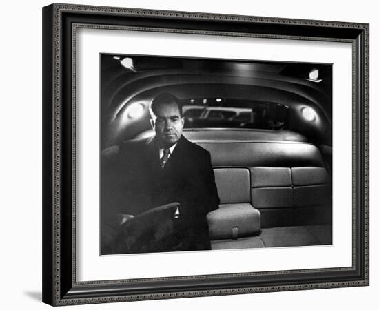 VP Richard Nixon Sitting Solemnly in Back Seat of Dimly Lit Limousine-Hank Walker-Framed Photographic Print