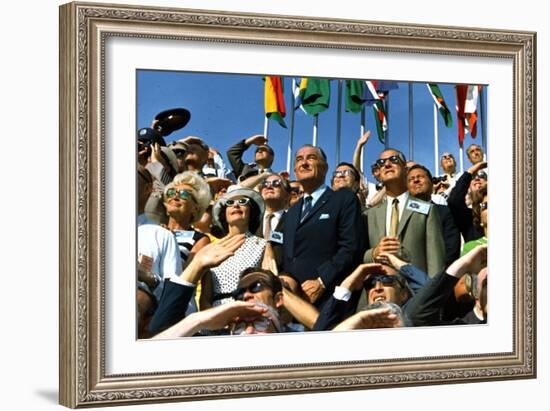 VP Spiro Agnew and Lyndon Johnson Watch Apollo 11 Moon Launch, July 16, 1969-null-Framed Photo