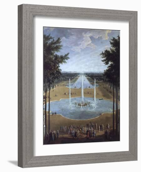 Vue du bassin d'Apollon et du Grand Canal de Versailles en 1713, au premier plan : Louis XIV à la-Pierre Denis Martin-Framed Giclee Print