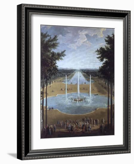 Vue du bassin d'Apollon et du Grand Canal de Versailles en 1713, au premier plan : Louis XIV à la-Pierre Denis Martin-Framed Giclee Print