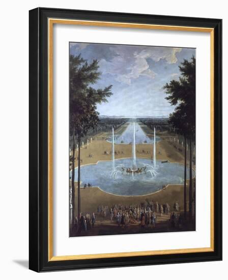 Vue du bassin d'Apollon et du Grand Canal de Versailles en 1713, au premier plan : Louis XIV à la-Pierre Denis Martin-Framed Giclee Print