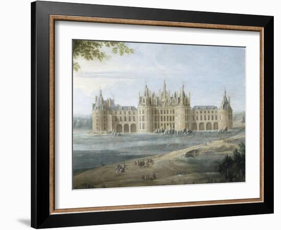 Vue du château de Chambord vers 1722 - au premier plan, le duc d'Orléans, Régent, donnant ses-Pierre Denis Martin-Framed Giclee Print