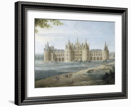 Vue du château de Chambord vers 1722 - au premier plan, le duc d'Orléans, Régent, donnant ses-Pierre Denis Martin-Framed Giclee Print