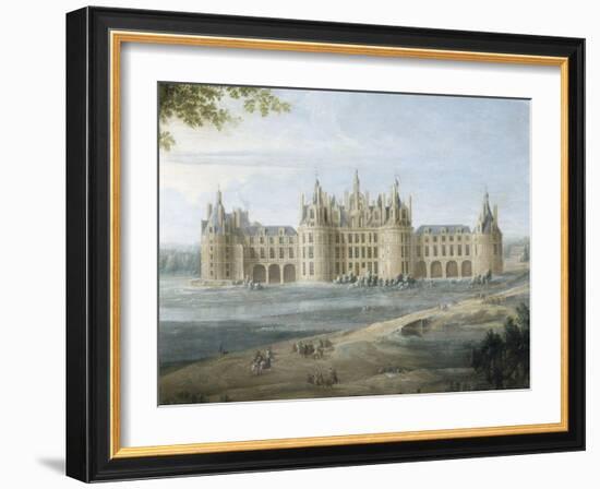 Vue du château de Chambord vers 1722 - au premier plan, le duc d'Orléans, Régent, donnant ses-Pierre Denis Martin-Framed Giclee Print