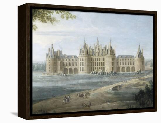 Vue du château de Chambord vers 1722 - au premier plan, le duc d'Orléans, Régent, donnant ses-Pierre Denis Martin-Framed Premier Image Canvas