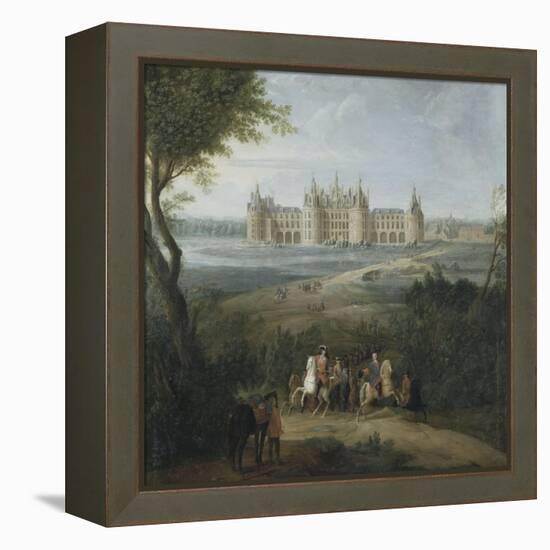 Vue du château de Chambord vers 1722 - au premier plan, le duc d'Orléans, Régent, donnant ses-Pierre Denis Martin-Framed Premier Image Canvas