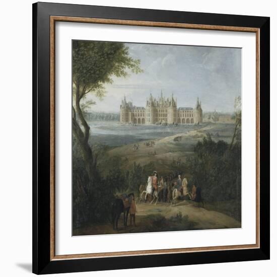 Vue du château de Chambord vers 1722 - au premier plan, le duc d'Orléans, Régent, donnant ses-Pierre Denis Martin-Framed Giclee Print