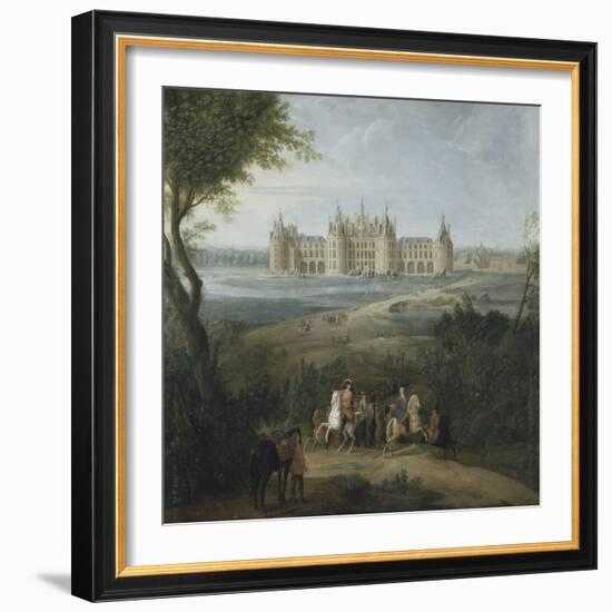 Vue du château de Chambord vers 1722 - au premier plan, le duc d'Orléans, Régent, donnant ses-Pierre Denis Martin-Framed Giclee Print