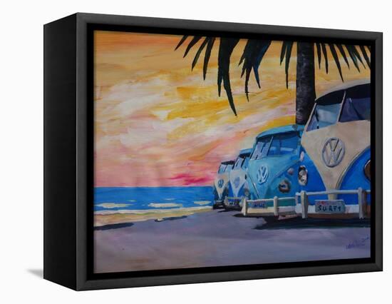 VW Volkswagen Bully Series - Blue Surf Bus Line-Martina Bleichner-Framed Stretched Canvas