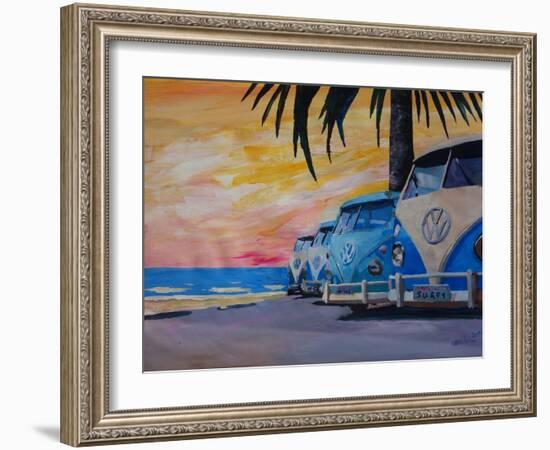 VW Volkswagen Bully Series - Blue Surf Bus Line-Martina Bleichner-Framed Art Print