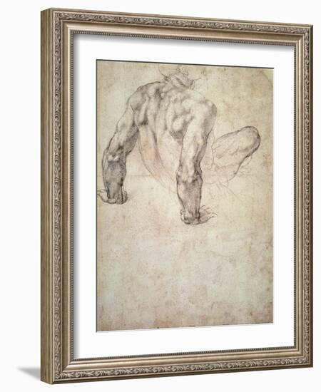 W.63R Study of a Male Nude, Leaning Back on His Hands-Michelangelo Buonarroti-Framed Giclee Print