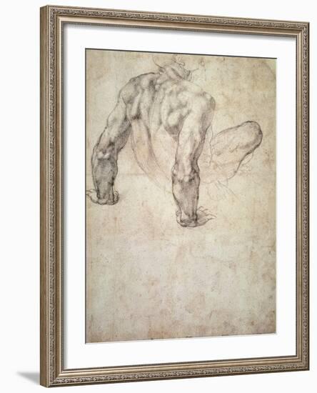 W.63R Study of a Male Nude, Leaning Back on His Hands-Michelangelo Buonarroti-Framed Giclee Print