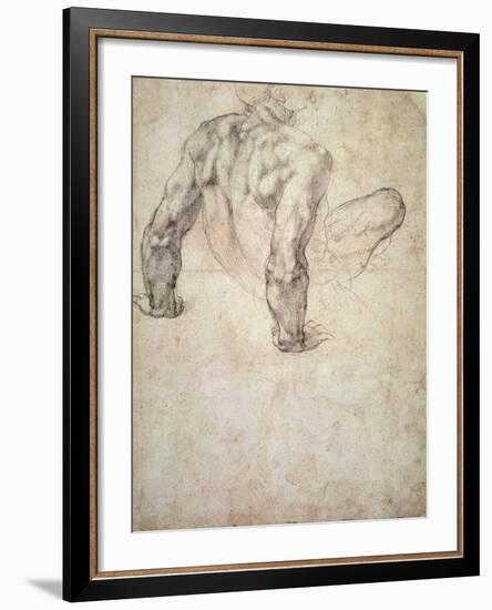 W.63R Study of a Male Nude, Leaning Back on His Hands-Michelangelo Buonarroti-Framed Giclee Print