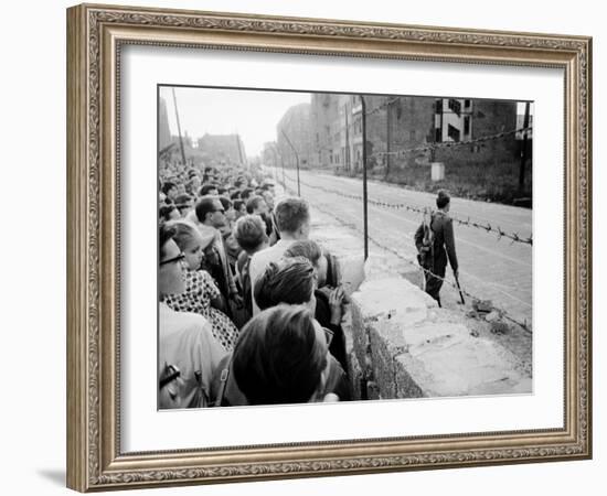 W. Berlin Citizens Crowding Against Nascent Berlin Wall in Russian Controlled Sector of the City-Paul Schutzer-Framed Photographic Print