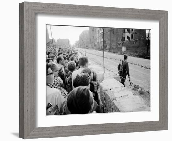 W. Berlin Citizens Crowding Against Nascent Berlin Wall in Russian Controlled Sector of the City-Paul Schutzer-Framed Photographic Print