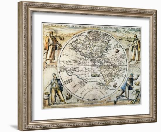 W. Hemisphere Map, 1596-Theodor de Bry-Framed Giclee Print