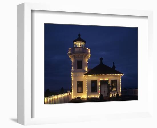 WA, Mukilteo, Mukilteo Lighthouse, established in 1906, with holiday lights-Jamie & Judy Wild-Framed Photographic Print