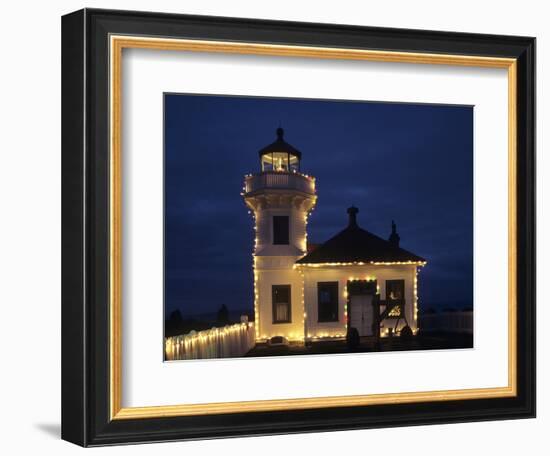 WA, Mukilteo, Mukilteo Lighthouse, established in 1906, with holiday lights-Jamie & Judy Wild-Framed Photographic Print