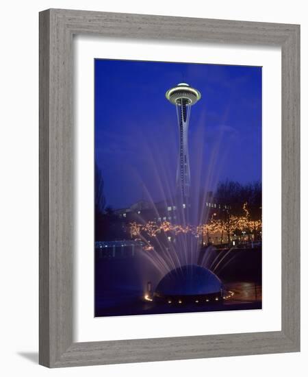 Wa, Seattle, International Fountain with Holiday Lights and the Space Needle-Jamie And Judy Wild-Framed Photographic Print