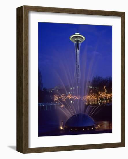 Wa, Seattle, International Fountain with Holiday Lights and the Space Needle-Jamie And Judy Wild-Framed Photographic Print