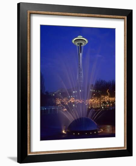 Wa, Seattle, International Fountain with Holiday Lights and the Space Needle-Jamie And Judy Wild-Framed Photographic Print