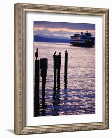 Wa State Ferry Coming in to Dock, Seattle, Washington, USA-Lawrence Worcester-Framed Photographic Print