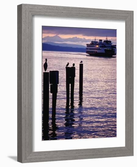 Wa State Ferry Coming in to Dock, Seattle, Washington, USA-Lawrence Worcester-Framed Photographic Print