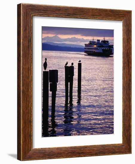 Wa State Ferry Coming in to Dock, Seattle, Washington, USA-Lawrence Worcester-Framed Photographic Print