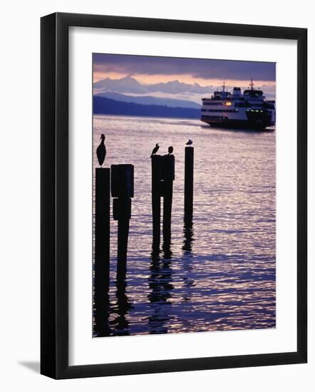 Wa State Ferry Coming in to Dock, Seattle, Washington, USA-Lawrence Worcester-Framed Photographic Print