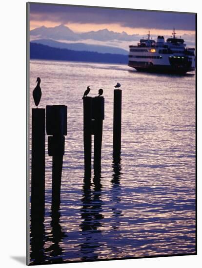 Wa State Ferry Coming in to Dock, Seattle, Washington, USA-Lawrence Worcester-Mounted Photographic Print