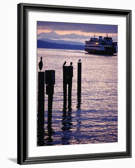 Wa State Ferry Coming in to Dock, Seattle, Washington, USA-Lawrence Worcester-Framed Photographic Print