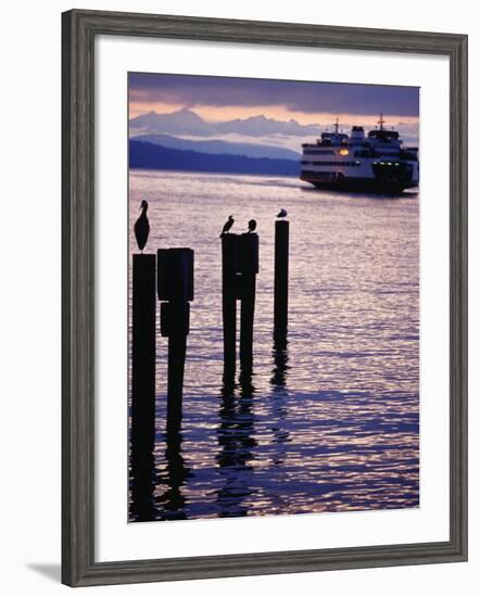 Wa State Ferry Coming in to Dock, Seattle, Washington, USA-Lawrence Worcester-Framed Photographic Print