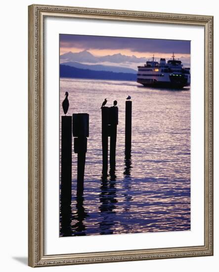 Wa State Ferry Coming in to Dock, Seattle, Washington, USA-Lawrence Worcester-Framed Photographic Print
