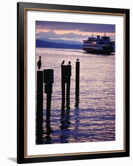 Wa State Ferry Coming in to Dock, Seattle, Washington, USA-Lawrence Worcester-Framed Photographic Print