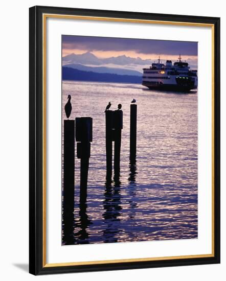 Wa State Ferry Coming in to Dock, Seattle, Washington, USA-Lawrence Worcester-Framed Photographic Print