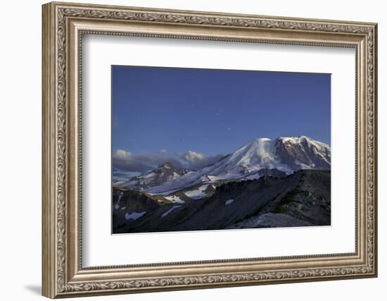 WA. Twilight shot of stars over Mt. Rainier, Little Tahoma and Burroughs Mountain-Gary Luhm-Framed Photographic Print