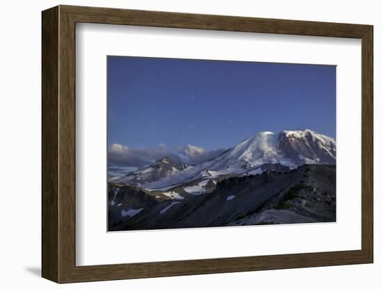 WA. Twilight shot of stars over Mt. Rainier, Little Tahoma and Burroughs Mountain-Gary Luhm-Framed Photographic Print