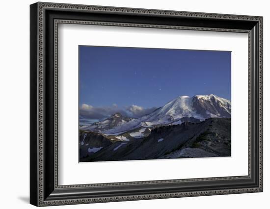 WA. Twilight shot of stars over Mt. Rainier, Little Tahoma and Burroughs Mountain-Gary Luhm-Framed Photographic Print