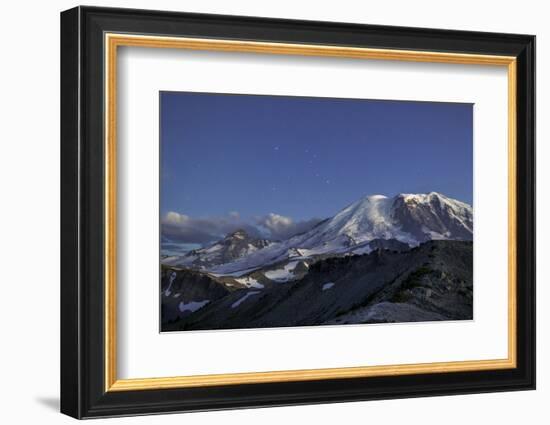 WA. Twilight shot of stars over Mt. Rainier, Little Tahoma and Burroughs Mountain-Gary Luhm-Framed Photographic Print