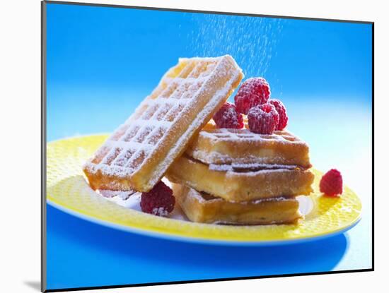 Waffles with Raspberries and Icing Sugar-null-Mounted Photographic Print