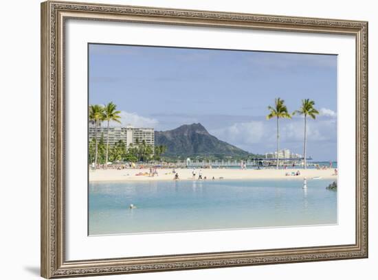 Waikiki Beach and Diamond Head, Waikiki, Honolulu, Oahu, Hawaii, United States of America, Pacific-Michael DeFreitas-Framed Photographic Print