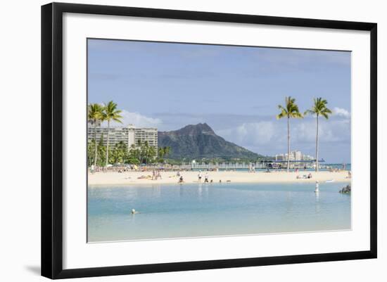 Waikiki Beach and Diamond Head, Waikiki, Honolulu, Oahu, Hawaii, United States of America, Pacific-Michael DeFreitas-Framed Photographic Print