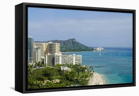 Waikiki Beach and Diamond Head, Waikiki, Honolulu, Oahu, Hawaii, United States of America, Pacific-Michael DeFreitas-Framed Premier Image Canvas