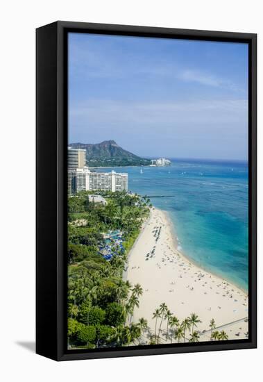 Waikiki Beach and Diamond Head, Waikiki, Honolulu, Oahu, Hawaii, United States of America, Pacific-Michael DeFreitas-Framed Premier Image Canvas