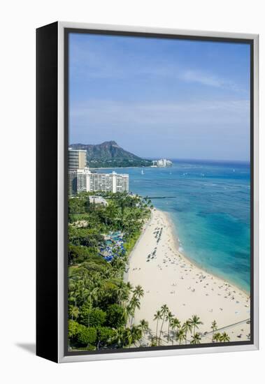 Waikiki Beach and Diamond Head, Waikiki, Honolulu, Oahu, Hawaii, United States of America, Pacific-Michael DeFreitas-Framed Premier Image Canvas