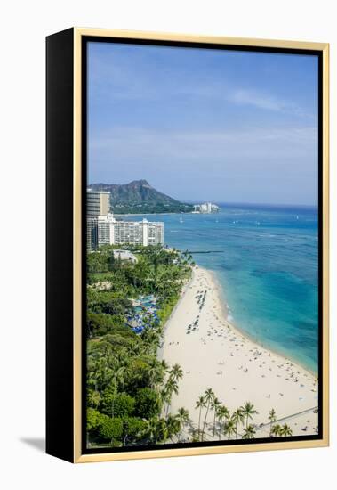 Waikiki Beach and Diamond Head, Waikiki, Honolulu, Oahu, Hawaii, United States of America, Pacific-Michael DeFreitas-Framed Premier Image Canvas