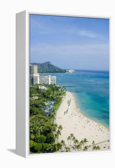 Waikiki Beach and Diamond Head, Waikiki, Honolulu, Oahu, Hawaii, United States of America, Pacific-Michael DeFreitas-Framed Premier Image Canvas
