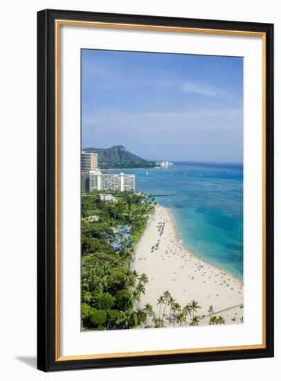 Waikiki Beach and Diamond Head, Waikiki, Honolulu, Oahu, Hawaii, United States of America, Pacific-Michael DeFreitas-Framed Photographic Print